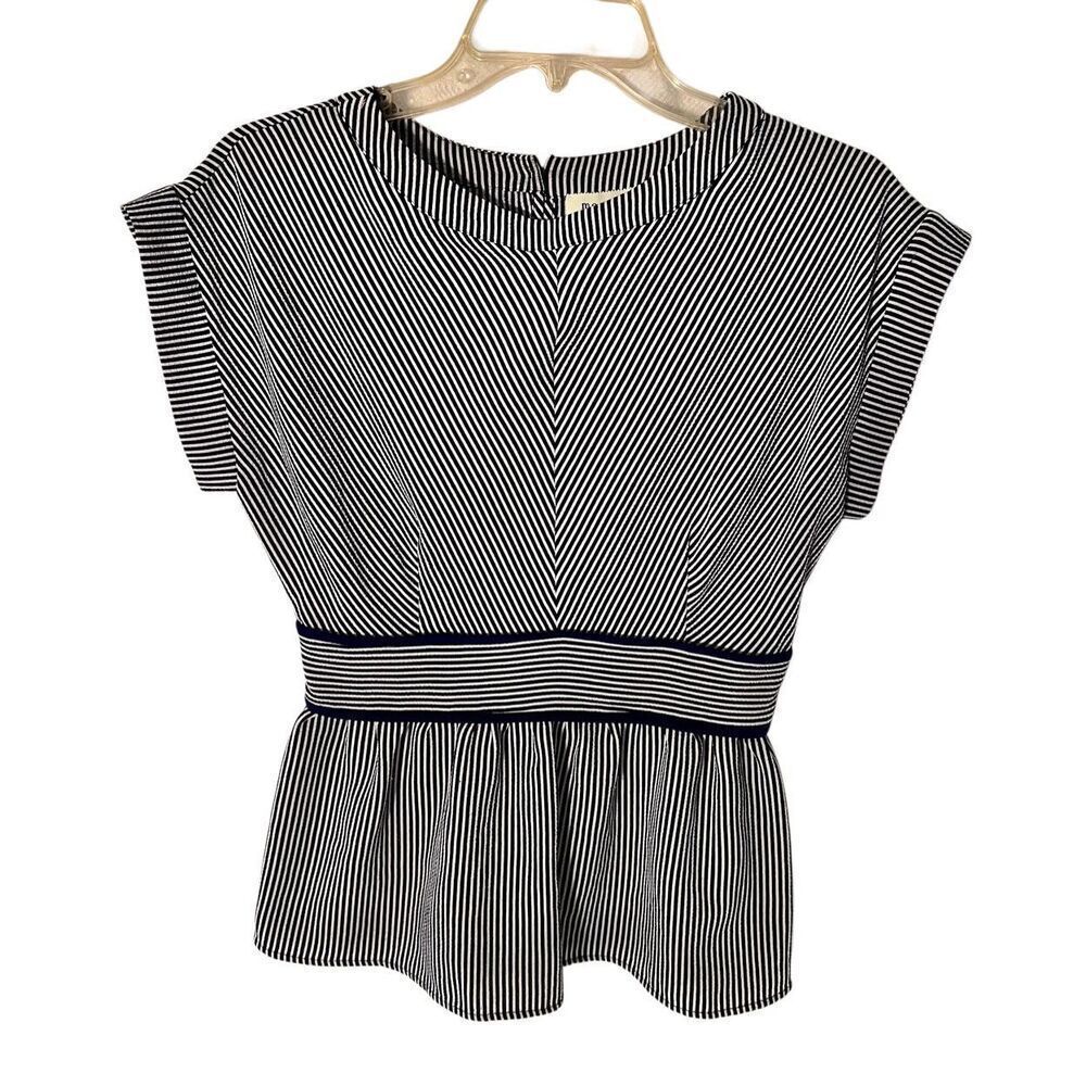 Monteau Black and White Striped Peplum Blouse